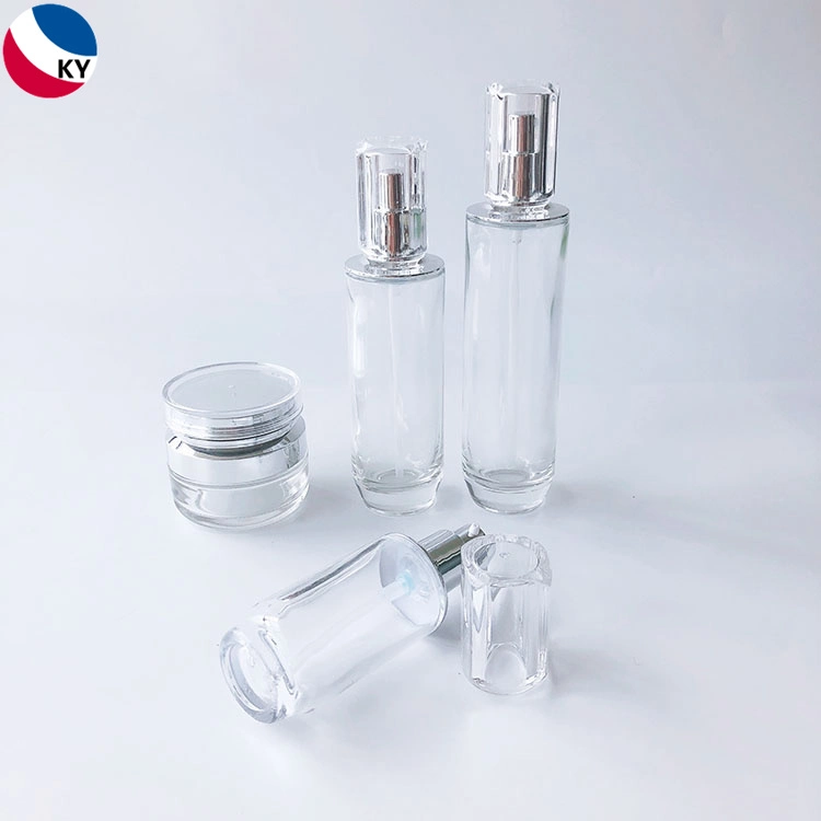 Luxury Round Bottom 30g 50g 30ml 50ml 100ml Cream Jar Clear Glass Pump Bottle with Silver Pump Acrylic Cap